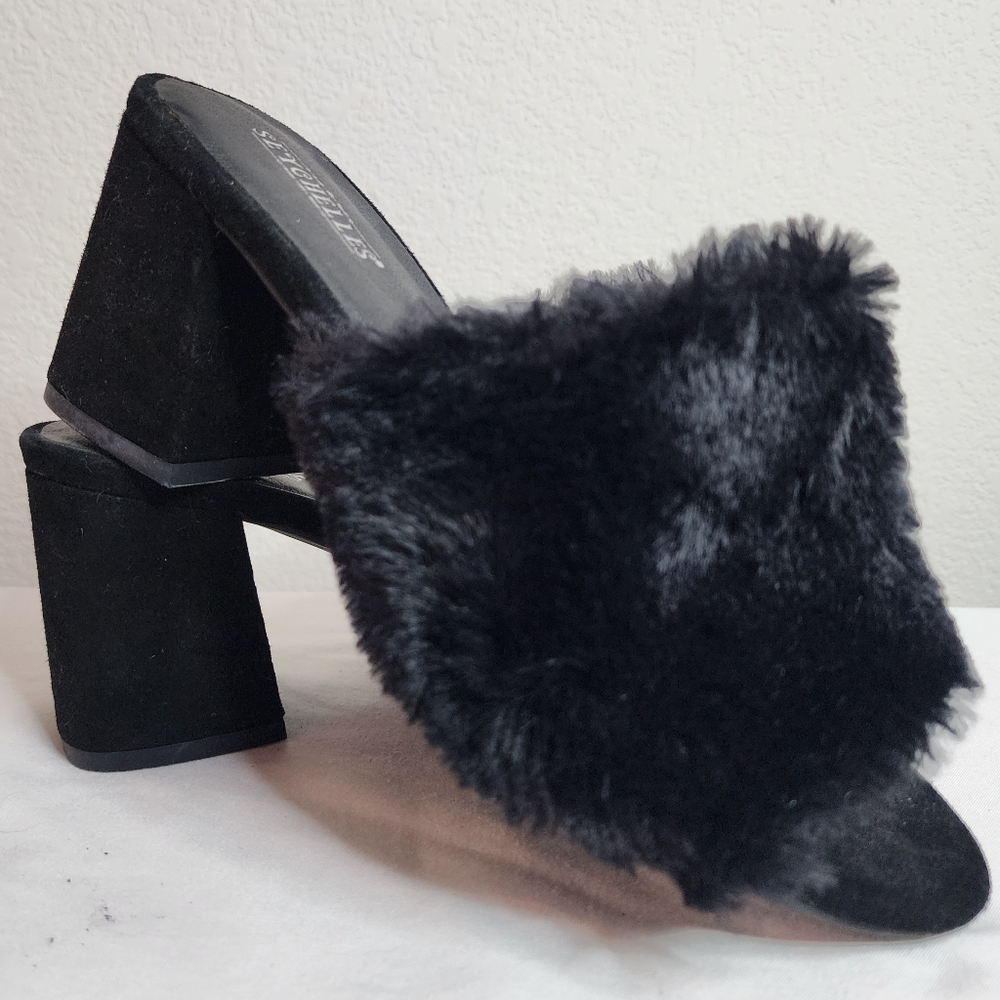 Seyschelles Black Faux-fur Sandals With Chunky Heel Size 6.5US NWOT